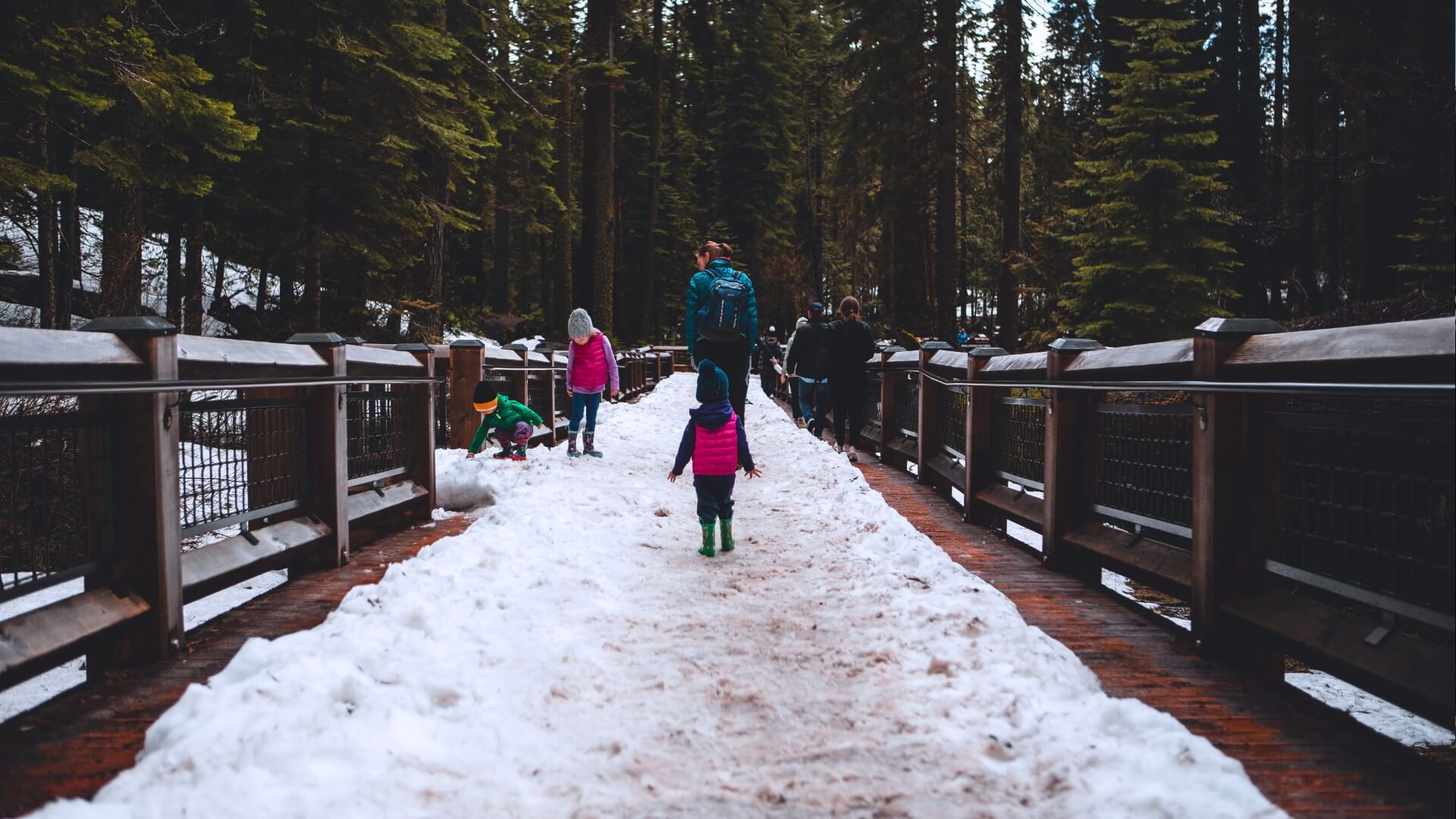 A family with children walking on a snowy trail at Yosemite National Park in winter, enjoying the environment.