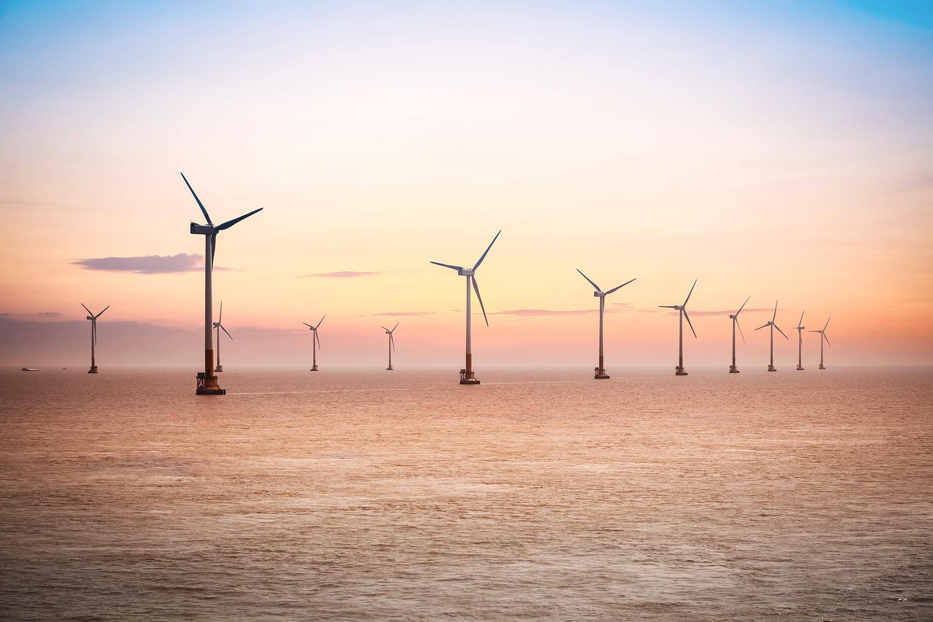 A series of offshore wind turbines at sunrise.