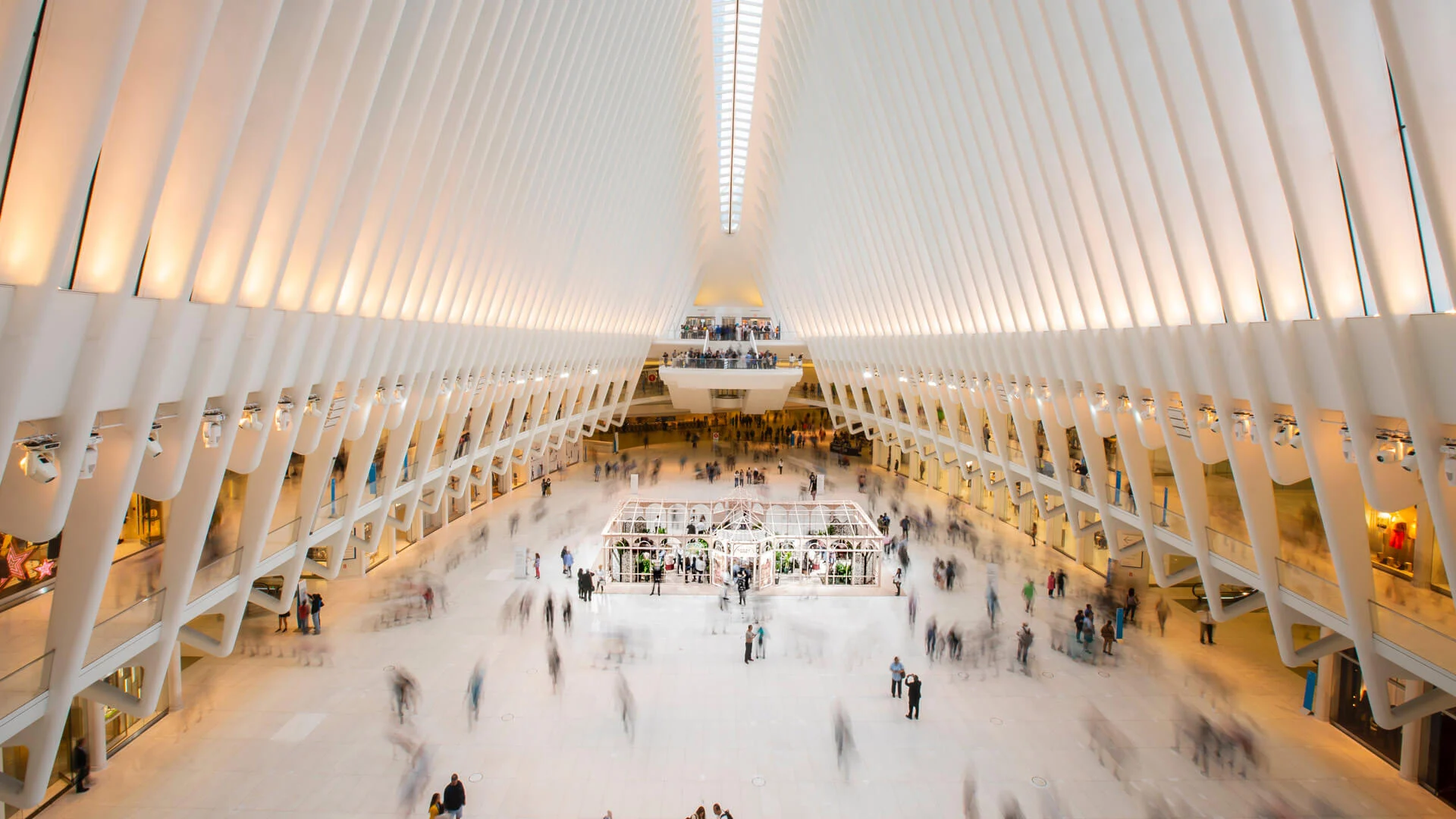 Dramatic view of the architecture at the One World Trade Center mall in New York City.
