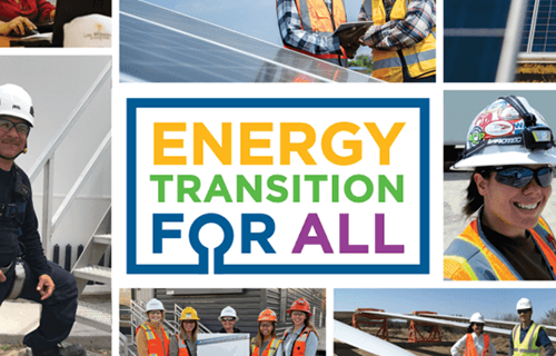 a collage of various clean energy workers in safety vests smiling with text in the middle that says energy transition for all