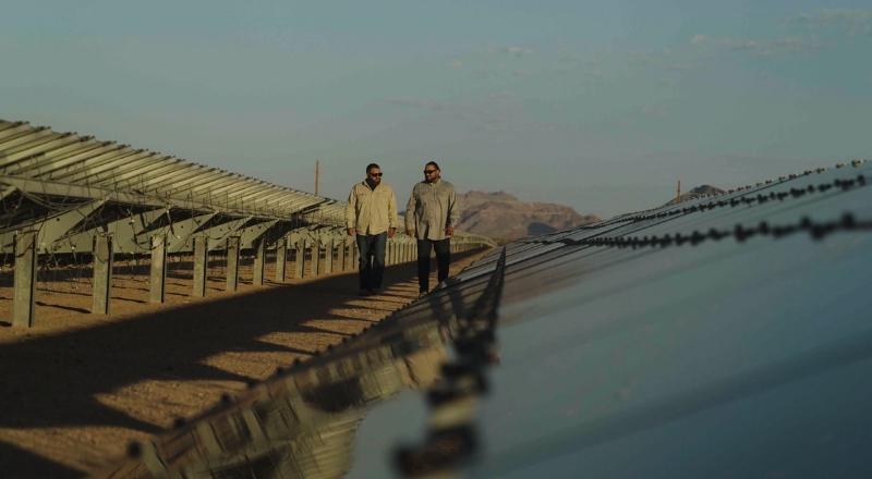 Two people walking together in conversation in a field of solar panels.