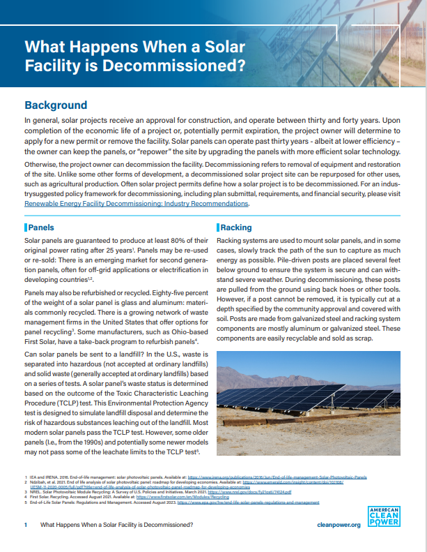 A screenshot of the first page of ACP's Fact Sheet "What happens when a solar project is decommissioned."