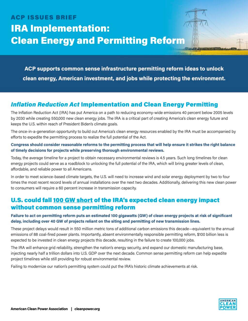 ACP Publication on IRA Implementation: Clean energy and Permitting Reform.