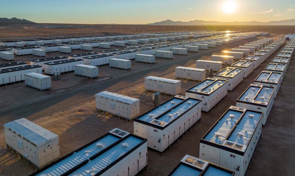A grid-scale battery storage facility in the desert in the evening.