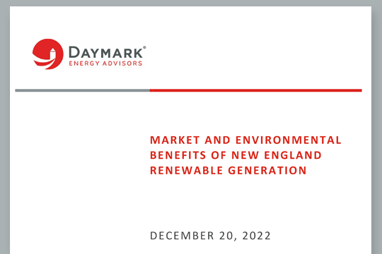 Cover image of a report form Daymark Energy Advisors on Market and Environmental Benefits of New England Renewable Generation.