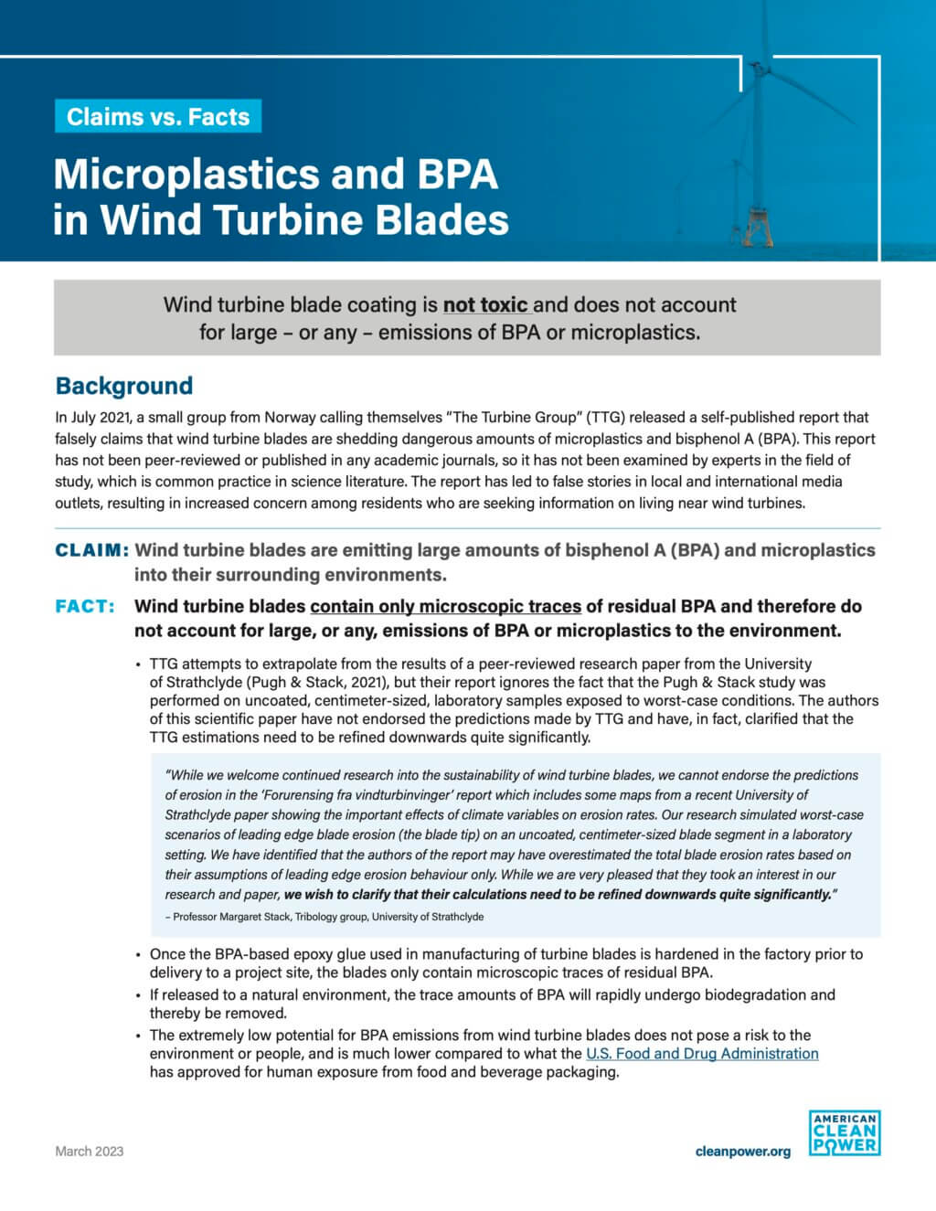 ACP Factsheet on Microplastics and BPA in Wind Turbine Blades.
