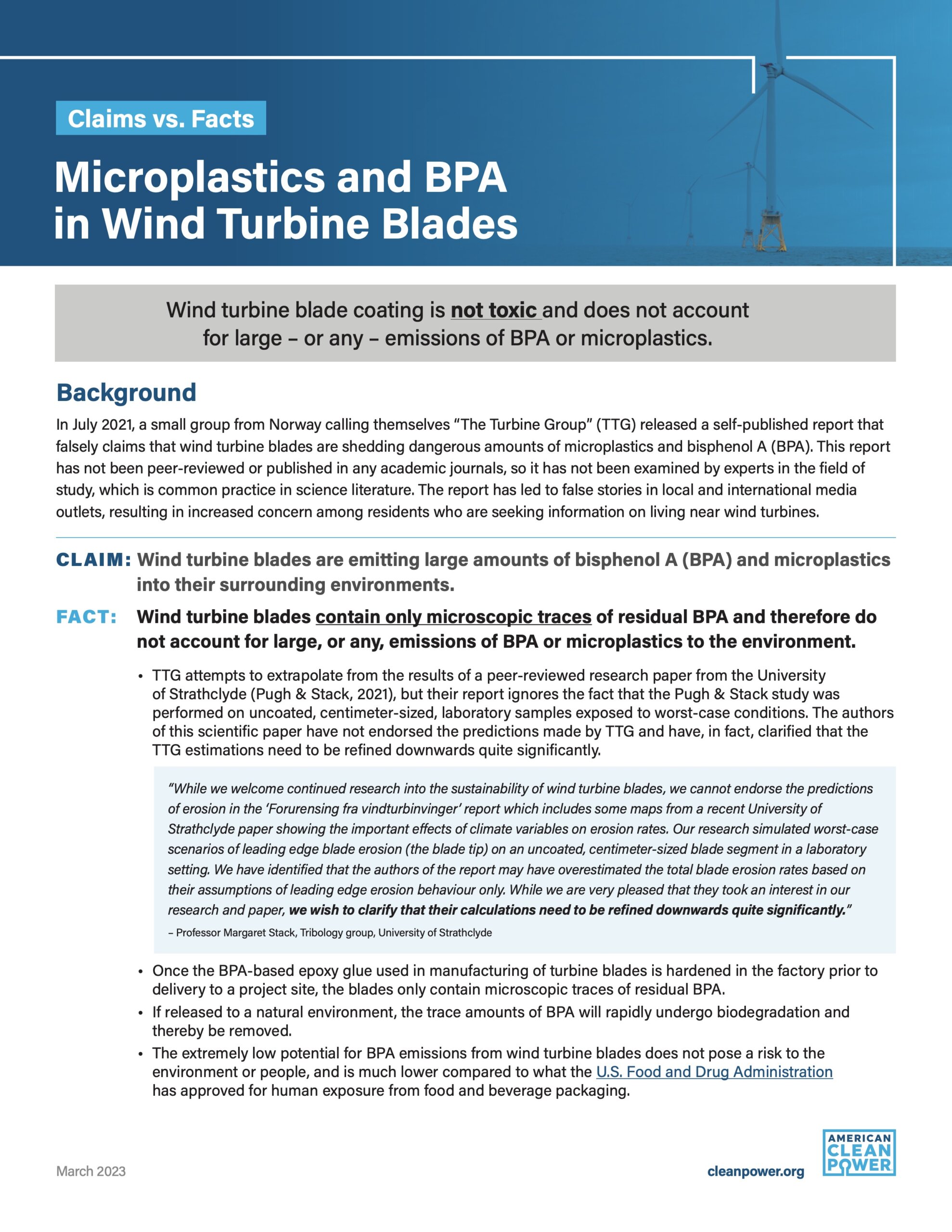 ACP Factsheet on Microplastics and BPA in Wind Turbine Blades.