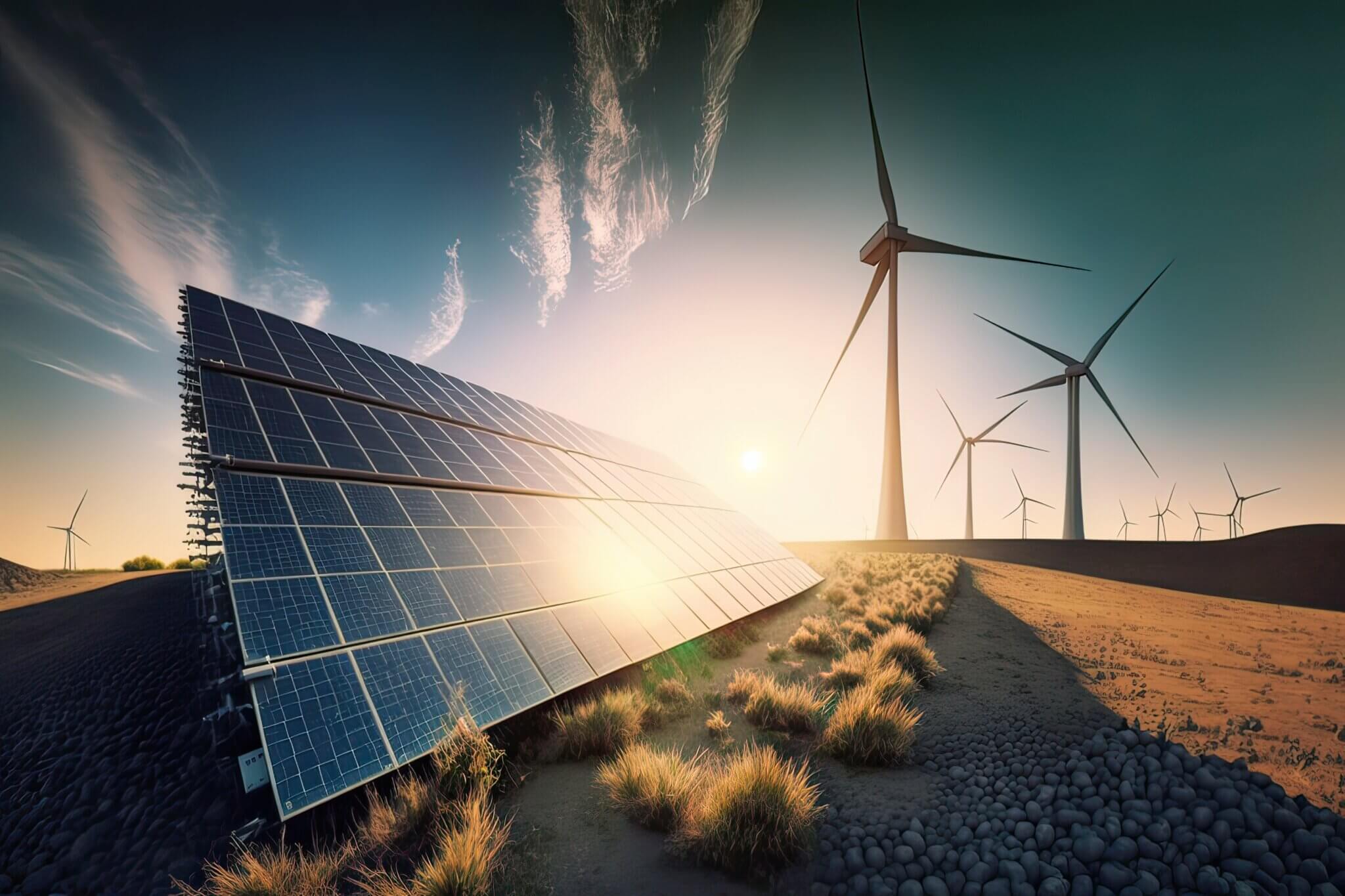 Wind Turbines and Solar Panels on a Desert Hill.