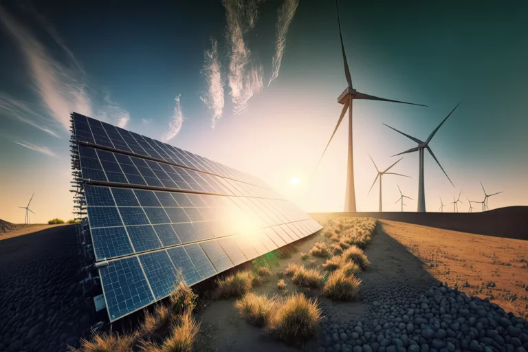 Wind Turbines and Solar Panels on a Desert Hill.
