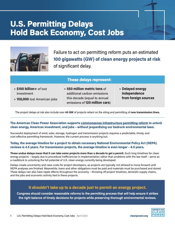 ACP's Permitting Delays Hold Back Economy and Cost Jobs One Pager for Congress.