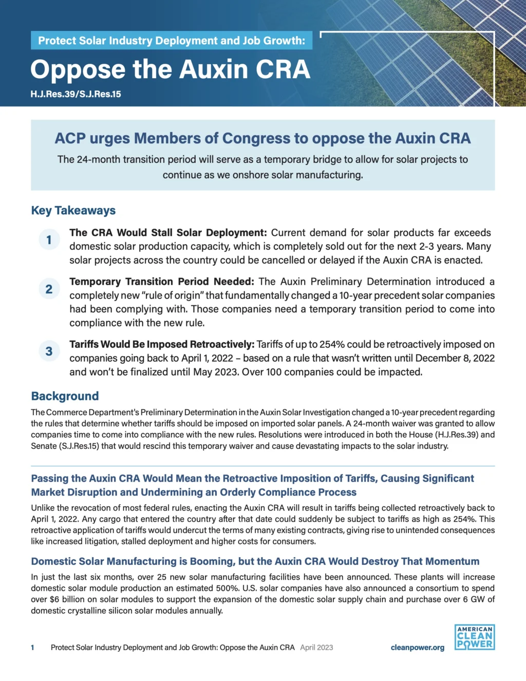 ACP One Pager Opposing the Auxin CRA for Congress.