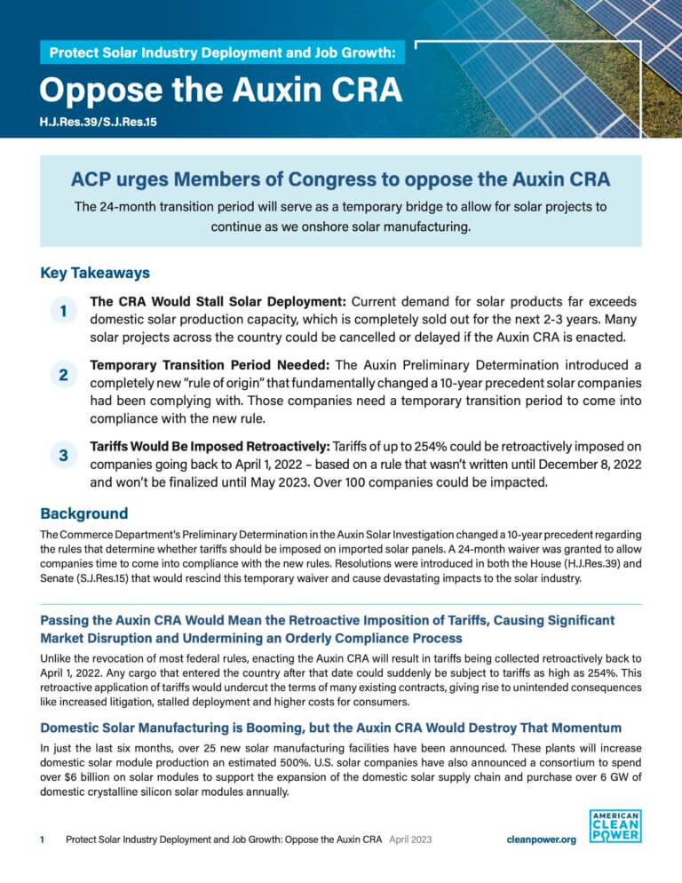 ACP One Pager Opposing the Auxin CRA for Congress.