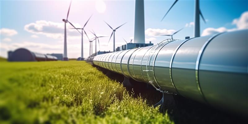 An image of a green hydrogen pipeline with wind turbines in the background on a sunny day,