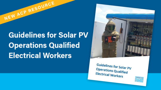 The cover image of ACP's Guidelines for Solar PV Operations Qualified Electrical Workers (QEW) on a blue background with a gold banner in a corner that says "New Resource".