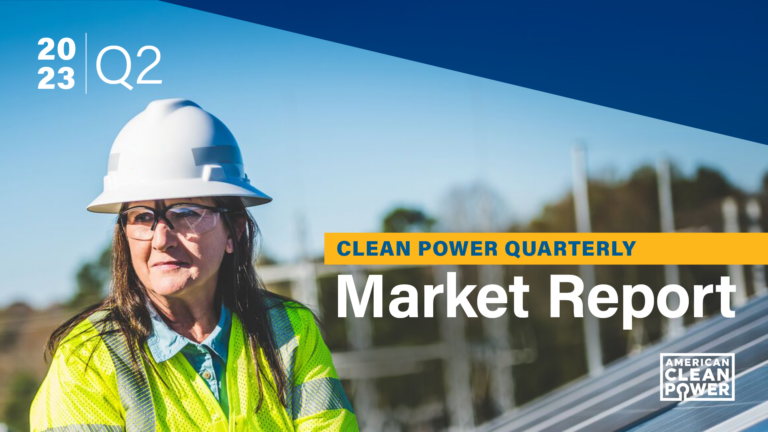 The cover image for ACP's Q2 2023 Quarterly Report, showing a woman in a hard hat and the words "Clean Power Quarterly Market Report Q2 2023."