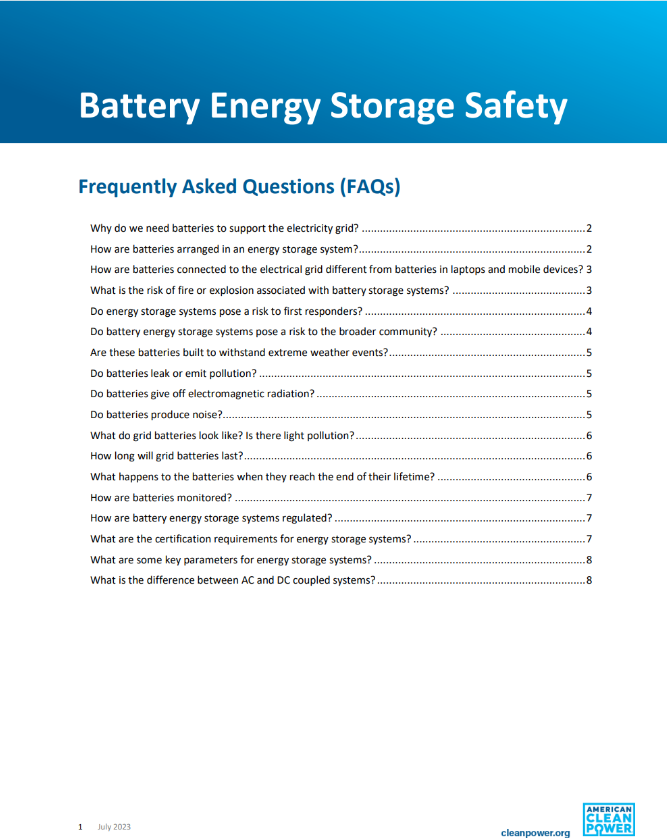 A screenshot of the first page of ACP's July 2023 Battery Energy Storage Safety FAQ document.