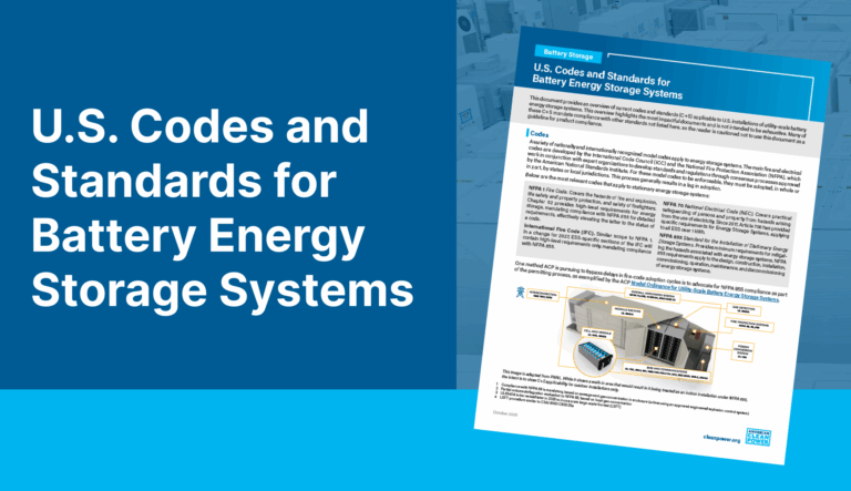 A screenshot of the first page of ACP's July 2023 U.S. Codes and Standards for Battery Energy Storage Systems document.