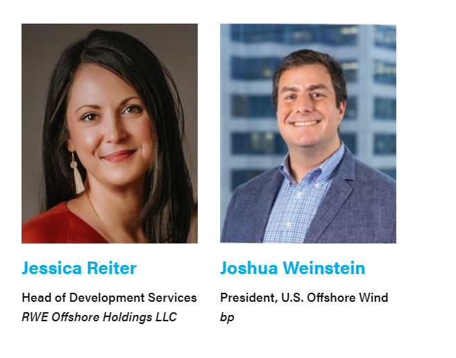 The headshots and job titles of Jessica Reiter and Joshua Weinstein, ACP's Offshore WINDPOWER Conference's 2023 Program Co-Chairs.
