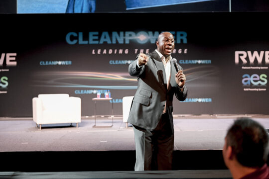 Magic Johnson speaking at ACP's CLEANPOWER 2023 Conference as the closing speaker.