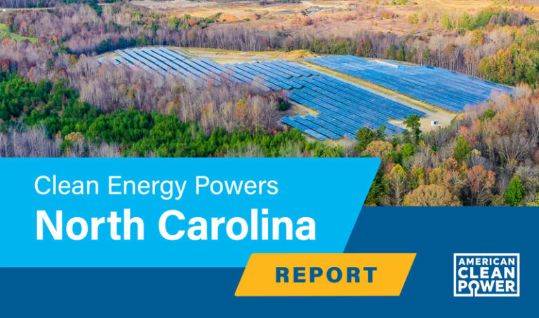 The cover image of ACP's Clean Energy Powers North Carolina report, displaying a field of solar panels amidst a forest.