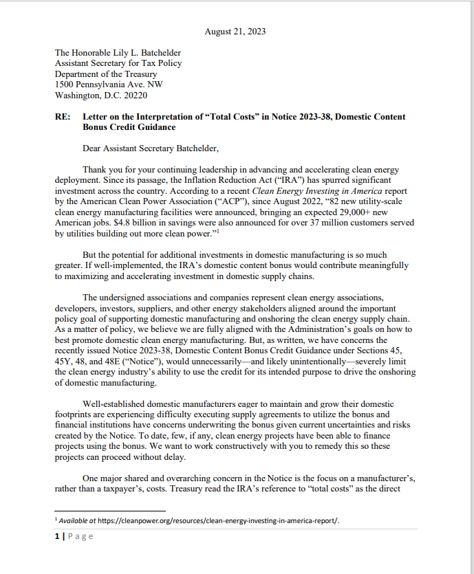 The front page of ACP's Letter on the Interpretation of "Total Costs" in Notice 2023-38, Domestic Content Bonus Credit Guidance to the Honorable Lily Batchelder.
