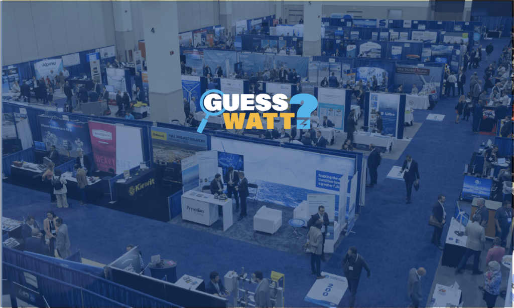An image of an ACP conference exhibition floor with blue color overlay and the words Guess Watt?, to promote an ACP conference event and sponsorship opportunity.