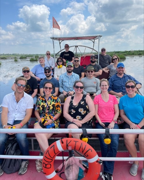A group of CLEANPOWER 2023 attendees on the airboat tour