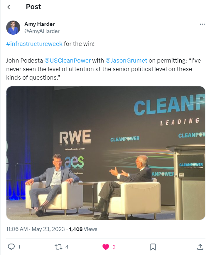 A screenshot of Amy Harder's Tweet about CLEANPOWER 2023 featuring John Podesta and Jason Grumet.