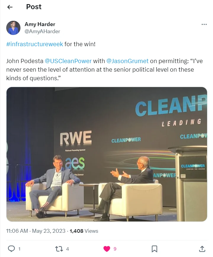 A screenshot of Amy Harder's Tweet about CLEANPOWER 2023 featuring John Podesta and Jason Grumet.
