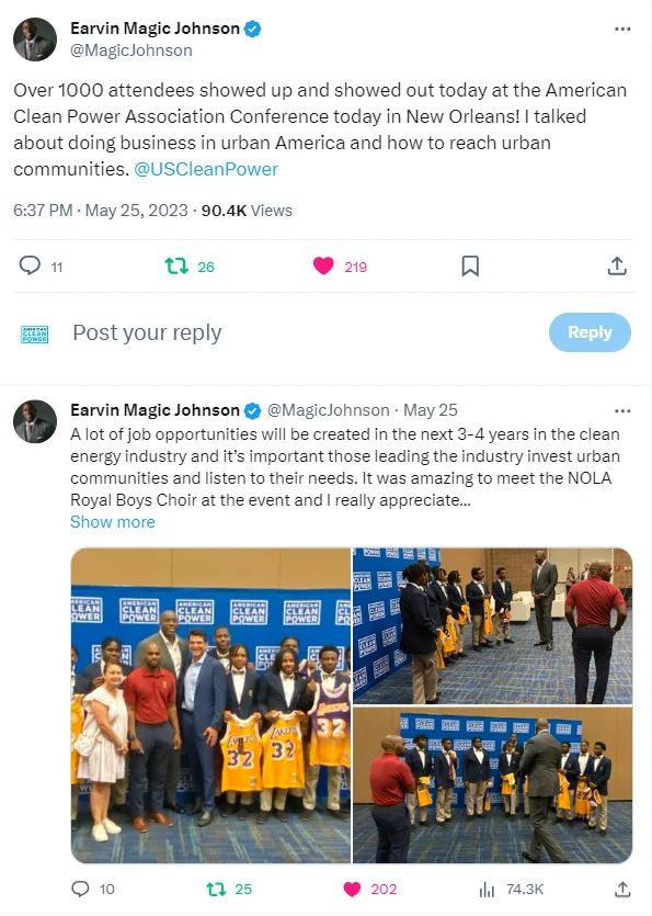 A screenshot of Magic Johnson's Tweet about CLEANPOWER 2023 and the Royal Boys Choir.