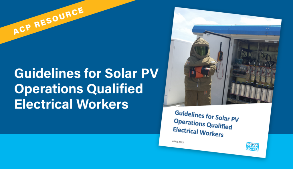The cover image for ACP's Guidelines for Solar PV Operations Qualified Electrical Workers (QEW) on a blue background with a gold ribbon that says "ACP Resource."