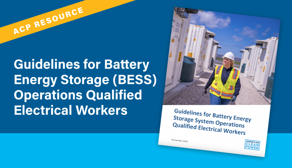 The cover image of ACP's Guidelines for Battery Energy Storage System Operations Qualified Electrical Workers, on top of a blue background with a gold ribbon that says "ACP Resource."