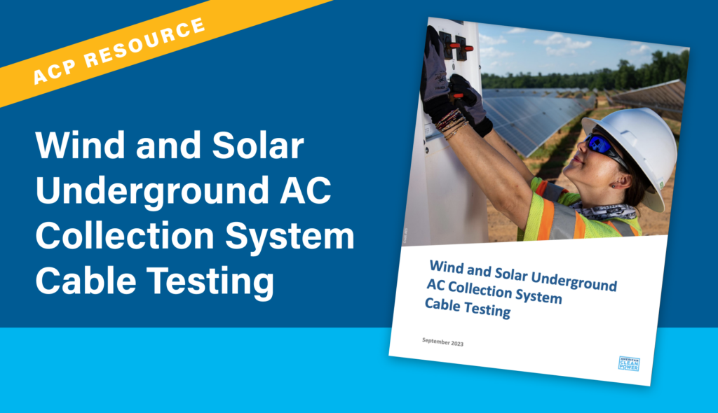 The cover image for ACP's Wind and Solar Underground AC Collection System Cable Testing paper, laid on top of a blue background with a gold ribbon that says "ACP Resource."