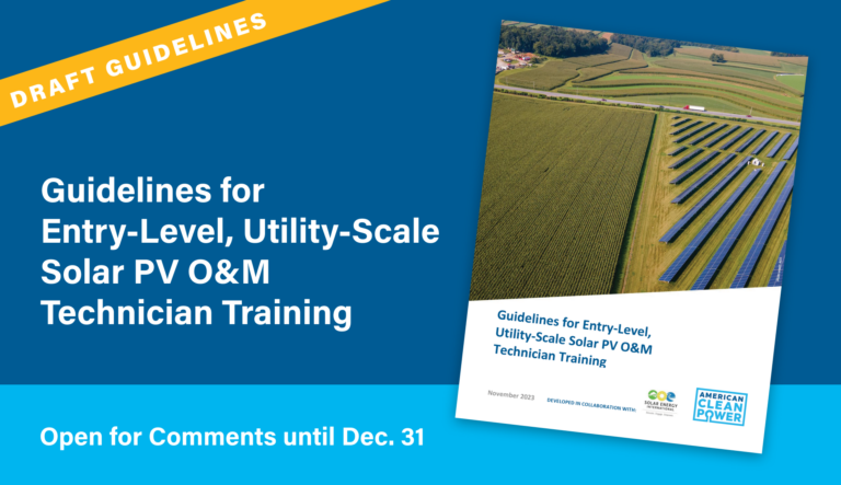 The cover for ACP's DRAFT Guidelines for Entry-Level Utility Scale Solar PV O&M Technician Training on a blue background with a gold ribbon that says Draft Guidelines.