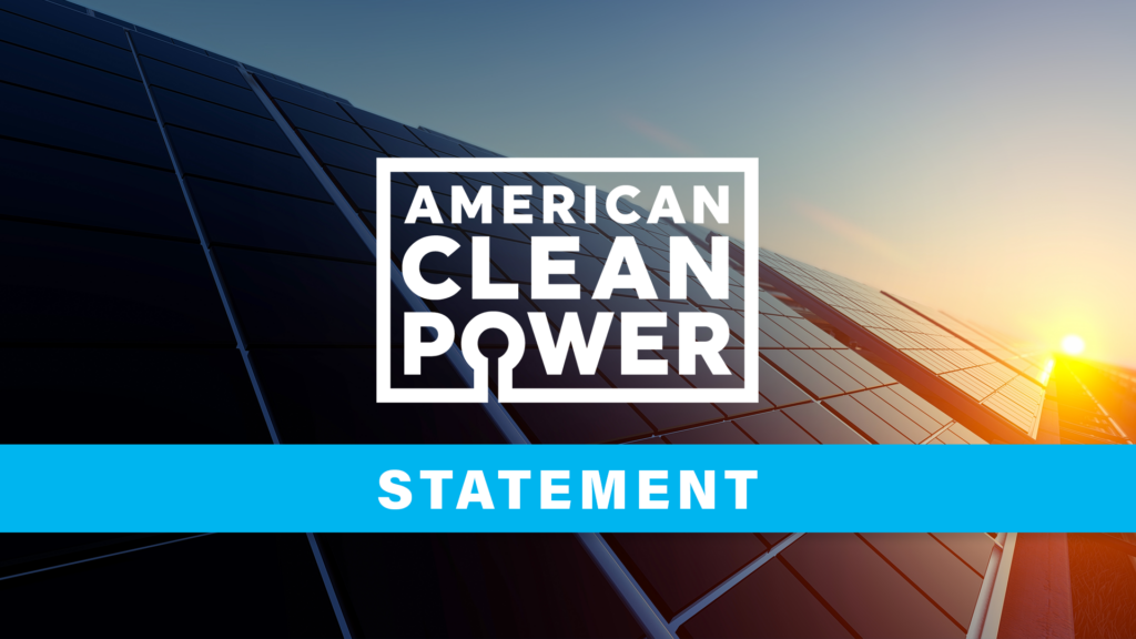 A row of solar panels illuminated by a rising sun, overlain with the American Clean Power logo and the word "Statement."