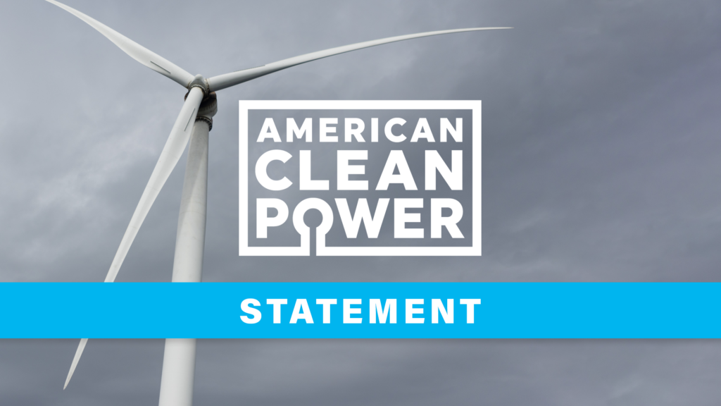 A white wind turbine against a gray sky overlain with the American Clean Power logo and the word "Statement."