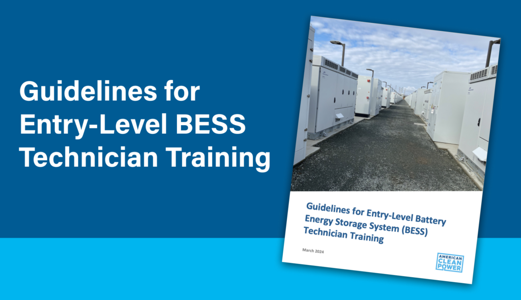 a graphic that says "guidelines for entry level bess technician training" with the front cover of the guidelines sitting on a blue background