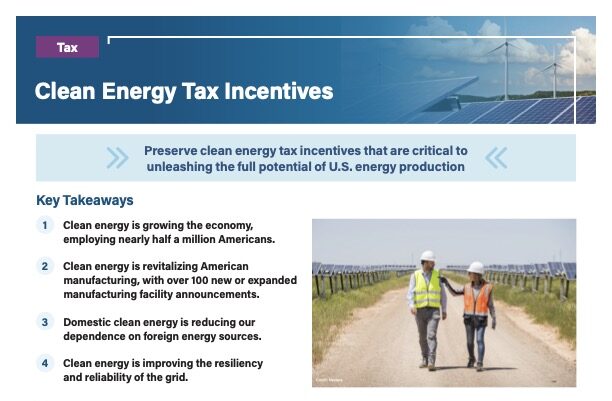 Front page of fact sheet on Clean Energy Tax Incentives, with words and photos.