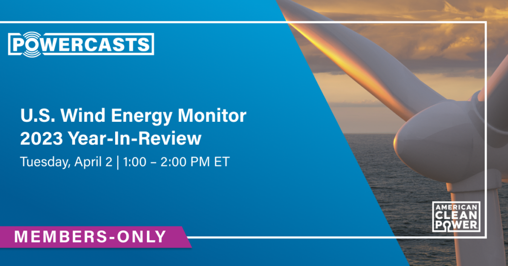 a graphic that says us wind energy monitor 2023 year in review tuesday april 2 2024 1-2pm members only