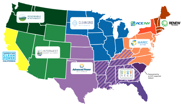 a map of the united states showing the regional organizations ACP partners with across the US with the renew northeast logo in new england, ace NY in new york, MAREC action in the midatlantic, SREA in the southeast, clean grid alliance in the midwest, advanced power alliance in texas oklahoma kansas and nebraska, interwest energy alliance in the southwest, ACP california in california, renewable northwest in the northwest, with south carolina being separately represented by an acp supported lobbyist