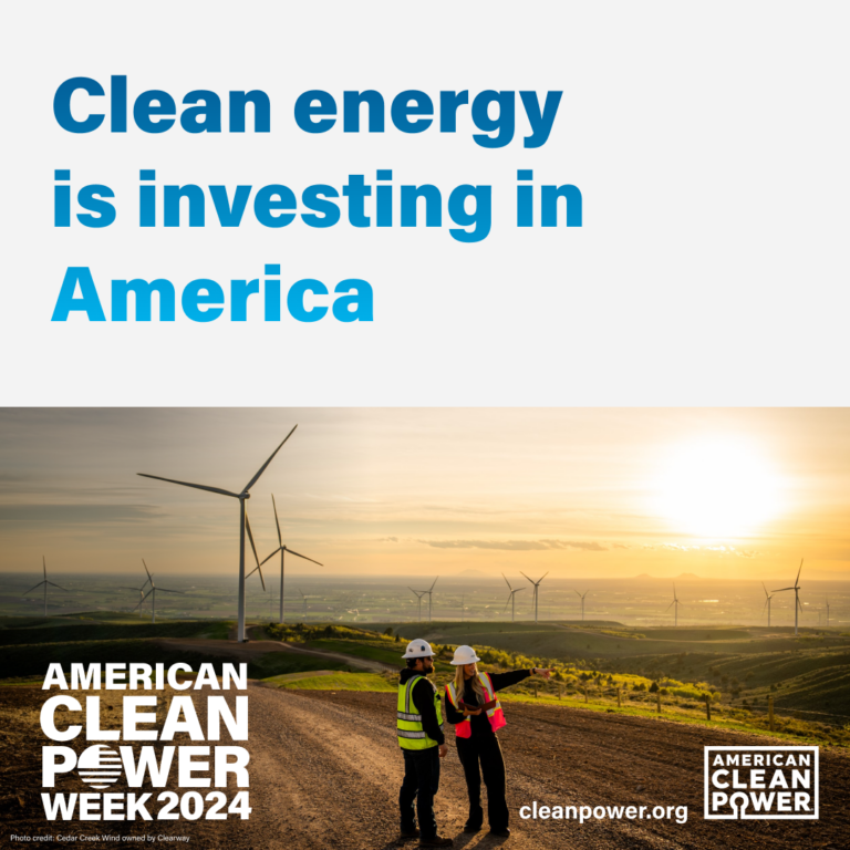 a graphic of two workers in safety gear at a wind farm at sunset with bold text above that reads clean energy is investing in America