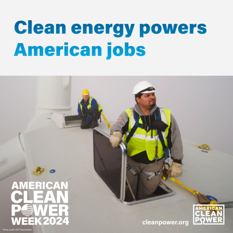 a graphic of two workers in safety gear at the top of a wind turbine with bold text above that reads clean energy powers american jobs