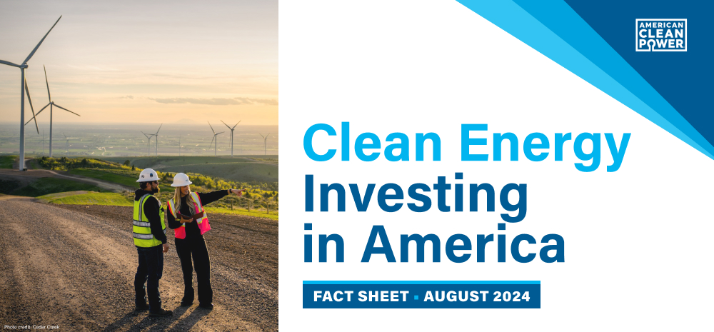 Graphic that says Clean Energy Investing in America and has a picture of two people in safety gear in front of a wind farm at sunset.