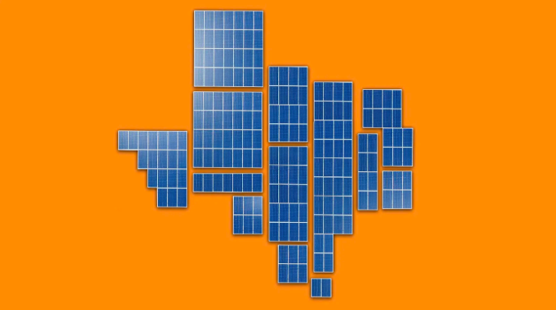 Solar panels in the shape of Texas on a plain orange background.