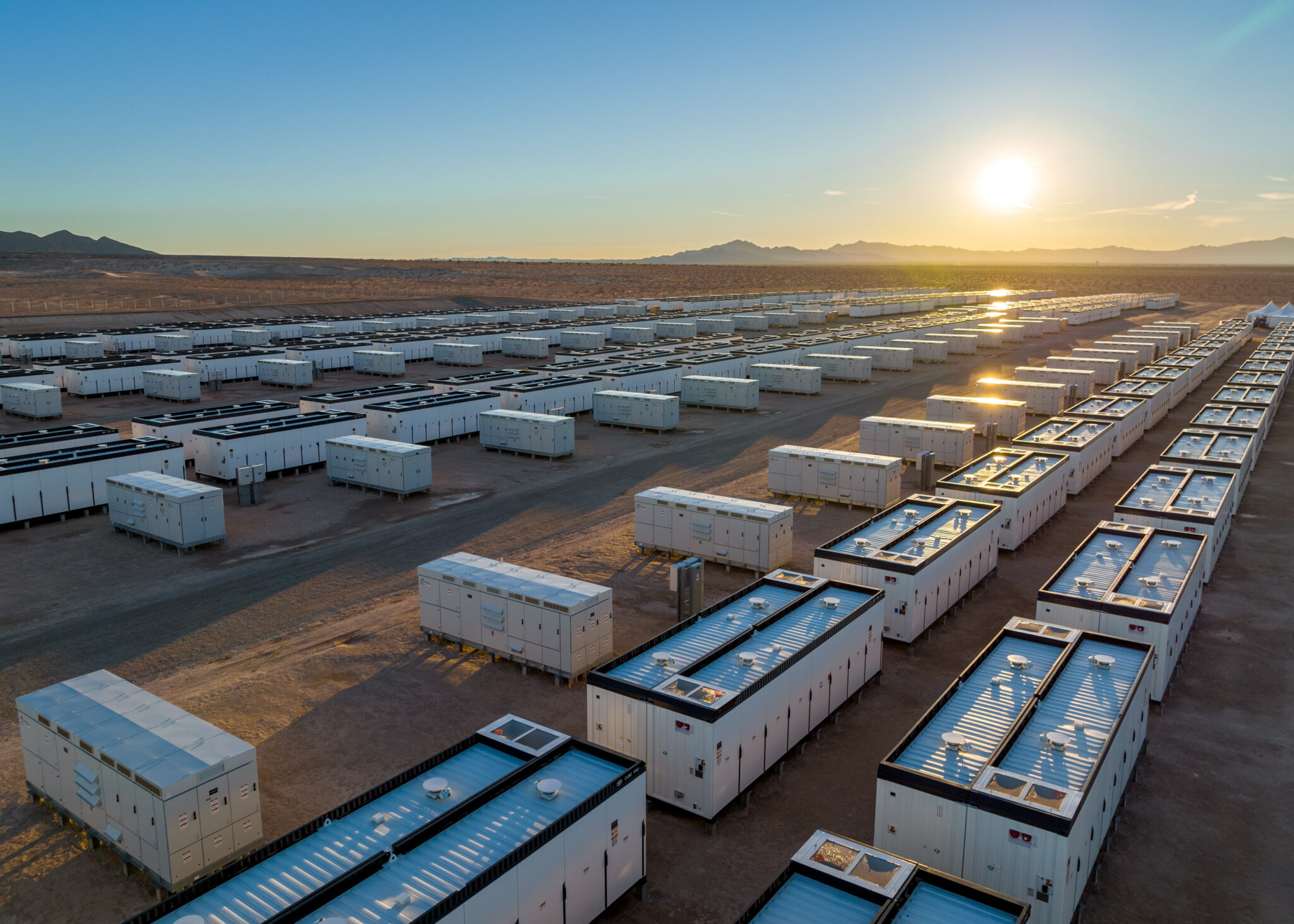 Overhead shot of a Battery Storage facility in the desert as the sun rises