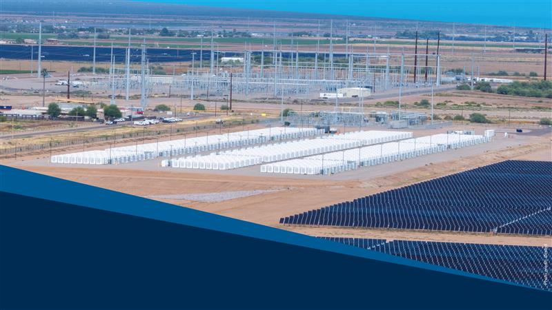 Report cover graphic without text, displaying a solar and storage project with blue graphic flairs.