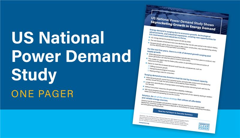 Featured image for the US National Power Demand Study one pager, featuring an image of the page on a blue background.