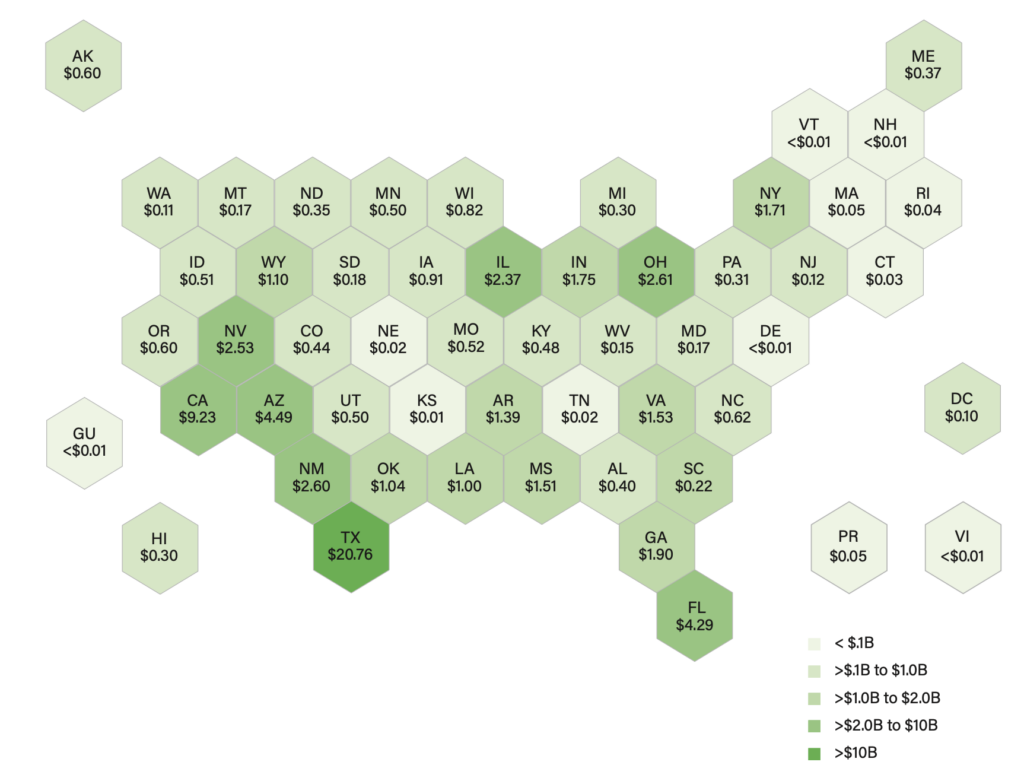 Hex map of the US showing Capital Investment by State in 2024 