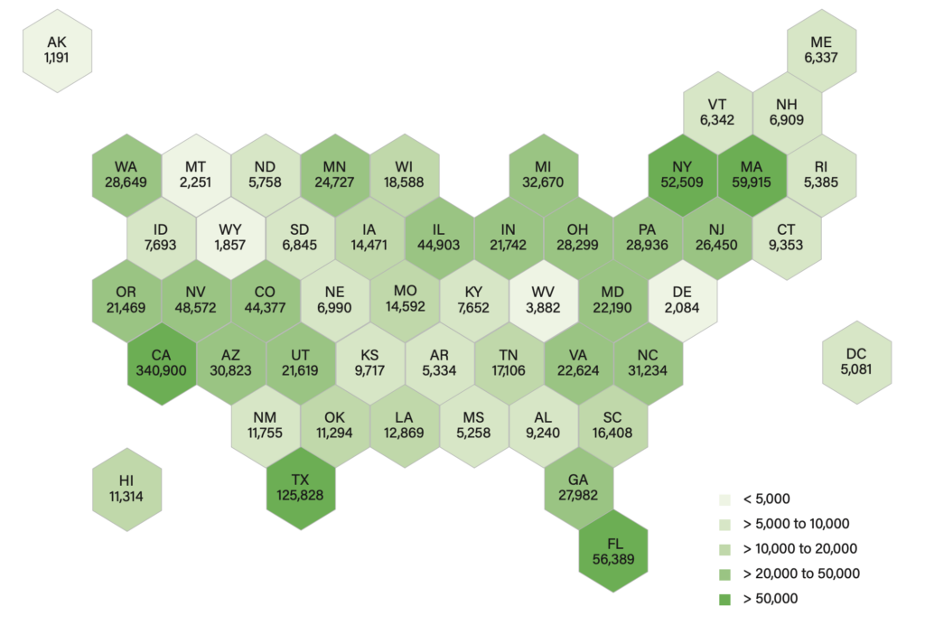 Hex map of Clean Energy Jobs by State in 2024 in the US
