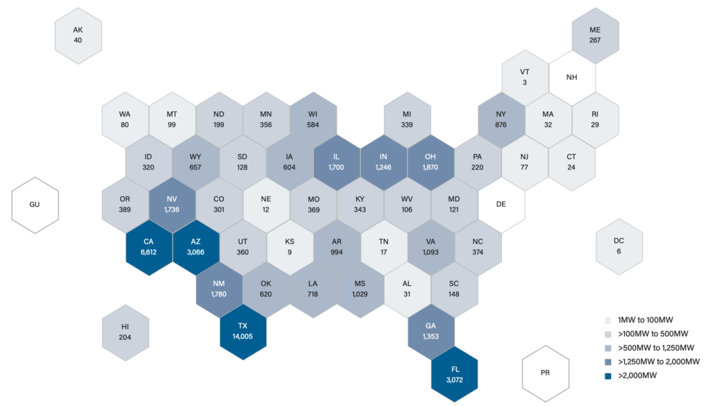 Hex map of the US displaying Clean Power Capacity Installed in 2024 (MW)